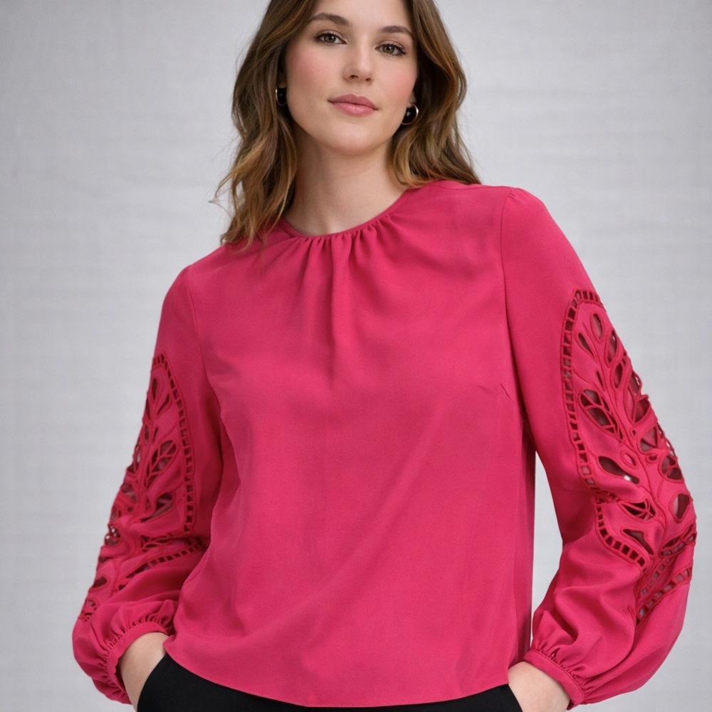 Reiss Belle Embroidered Blouse Womens US 4 Pink Long Sleeve Cutout‎ Detail Top